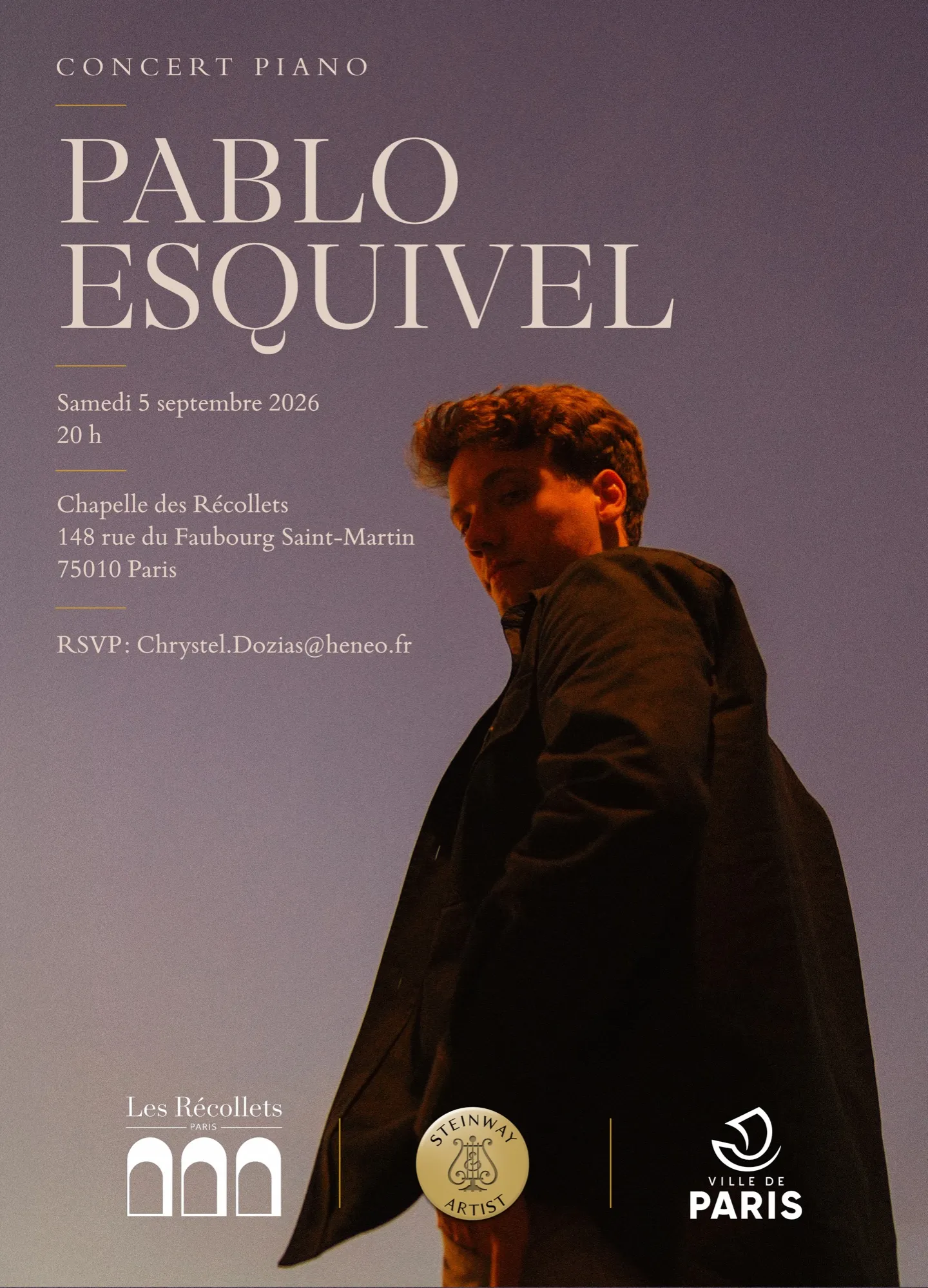 Afiche del concierto de Pablo Esquivel en la Chapelle des Récollets, París