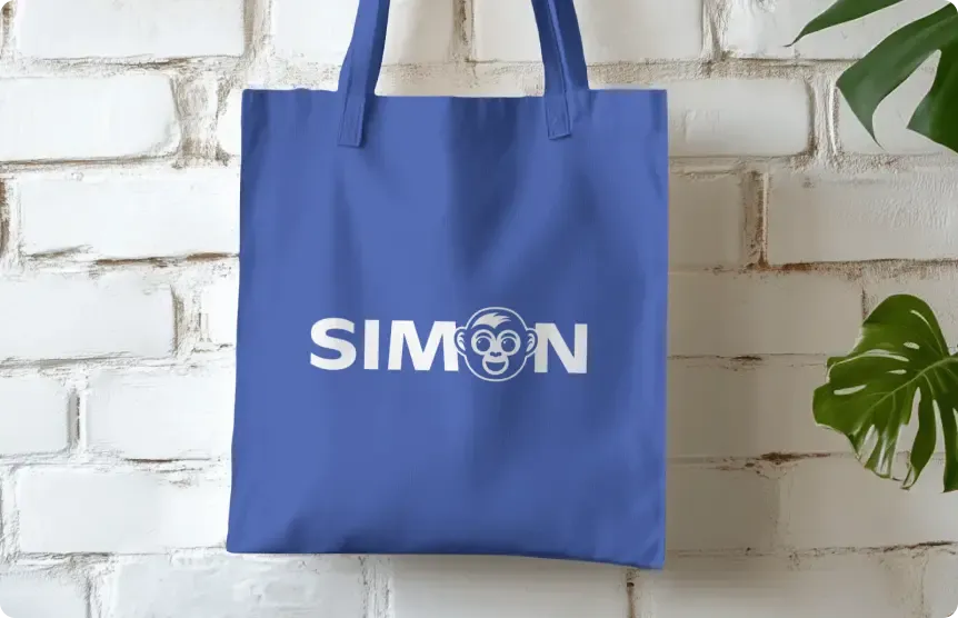 Blue tote bag with the Simón logo