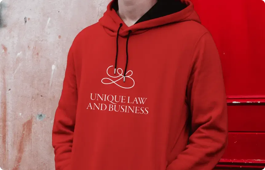 Red hoodie with the Unique Law and Business logo